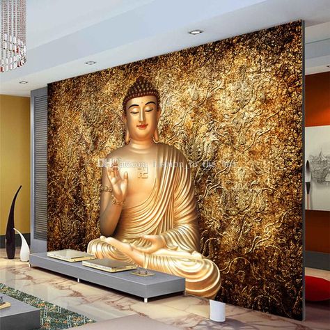 Not saying this one.  Just can't find anything abstract. Buda Wallpaper, Golden Buddha Statue, Buddha Wall Decor, 3d Wallpaper For Walls, Golden Buddha, Buddha Wall Art, Dunhuang, Decor Eclectic, 3d Wall Murals