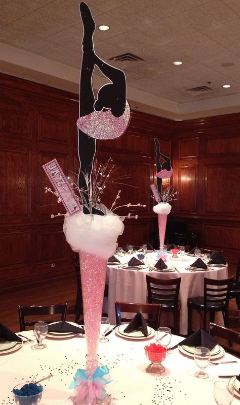 Dancer, Gymnist Dance Theme Party Ideas, Dance Banquet Ideas, Gymnastics Centerpieces, Dance Centerpieces, Mitzvah Centerpieces, Banquet Centerpieces, Themed Centerpieces, Cheer Banquet, Dance Theme