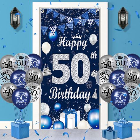 PRICES MAY VARY. [What You Get]- you will get a blue and silver Happy 50th birthday door banner, and 18 pieces of birthday balloons with a ''50th'‘, ''Happy Birthday'' pattern. the size of the blue 50th birthday banner is 72.8 * 35.4 inches. suitable for a 50th-Year-Old birthday party, a 50th-anniversary birthday party decoration [Quality Material]-blue 50th birthday door cover banner is made of durable polyester, lightweight, foldable, and washable. it can be reused for a long time. 50th birthd