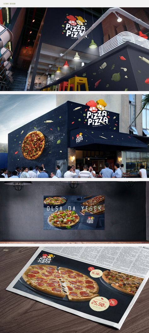 PIZZA PIZZA - BRANDING DESIGN on Behance Pizza Corner Design, Pizza Restraunt Design, Pizza Booth Design, Pizza Store Interior Design, Pizza Graphic Design Illustrations, Pizza Shop Interior Design, Pizza Shop Branding, Pizza Restaurant Design Interior Ideas, Small Pizzeria Design Interior