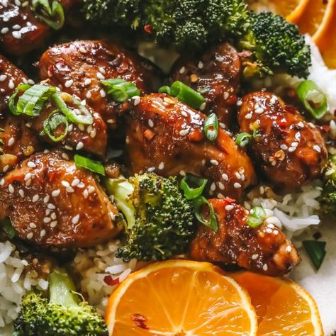 Healthy Orange Sesame Chicken - Britney Breaks Bread Orange Sesame Chicken, Sesame Chicken Sauce, Recipe Inspirations, Chicken Sauce, Sesame Chicken Recipe, Sesame Sauce, Herb Roasted Chicken, Sauteed Chicken, Sesame Chicken