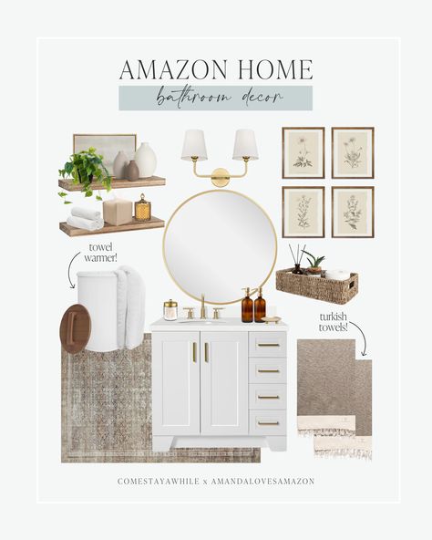 Beautiful neutral bathroom decor. Guest bathroom decor inspo. Gold accent bathroom design. Affordable decor. Neutral guest bathroom decor. Gold bathroom hardware. White bathroom vanity design. Floating shelf decor. Toiletry decor. Follow Comestayawhile for authentic, realistic DIY from a self taught mom working hard to upgrade her neutral modern farmhouse home on a budget. Follow Amandalovesamazon for the best deals on neutral home decor, trending fashion finds, and budget friendly beauty items. Farmhouse Bathroom With Gold Accents, Bathroom Decor Gold And White, Bathroom Decor Gold Accents, Neutral Bathroom Amazon, Gold Accent Bathroom, Amazon Bathroom Signs, Neutral Guest Bathroom, Bathroom Decor Gold, Bathroom Decor Guest