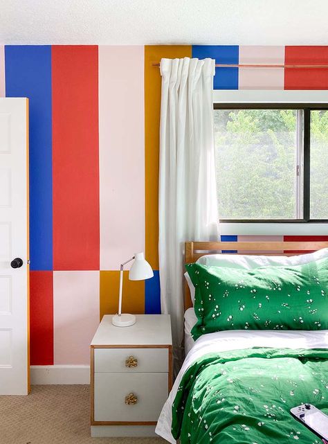 Panels mural by Racheal Jackson of Banyan Bridges Stripped Wall Paint, Stripe Wall Paint Ideas, Stripe Mural, Red Wall Paint, Decorative Wall Molding, Stripe Wall, Faux Tiles, Stripped Wall, Paintable Wallpaper