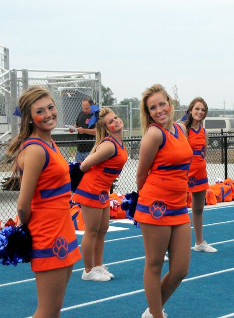 Our cheer squad in the orange and blue. #gccougars Dance Uniforms, Blue Cheer, Cheer Athletics, Cheerleading Uniforms, Cheer Uniform, Cheer Squad, Cheerleading, Navy Blue, Sports Jersey