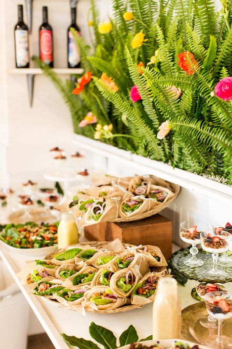 A Tropical-Themed Surprise Bridal Shower in Laguna Beach, California Bridal Shower Sandwiches, Finger Buffet, Wedding Shower Food, Shower Food Ideas, Wedding Buffet Food, Bridal Shower Luncheon, Bridal Shower Menu, Mini Hamburgers, Sandwich Bar