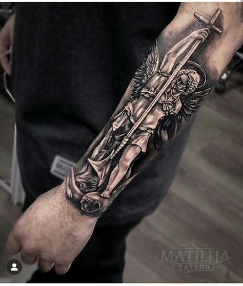 Inner Elbow Tattoos, St Michael Tattoo, Chest Tattoo Drawings, Arm Tattoos For Guys Forearm, Outer Forearm Tattoo, Half Sleeve Tattoos Forearm, Wolf Tattoo Sleeve, Forarm Tattoos, Cool Arm Tattoos