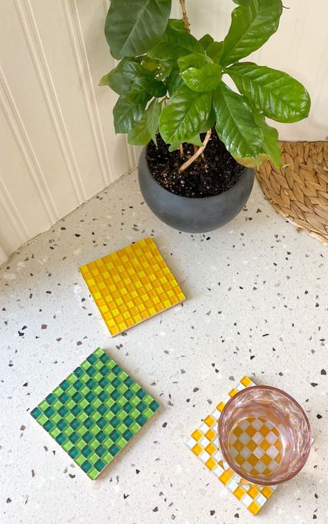 DIY Decor: Checkered Mosaic Tile Coasters Diy Mosaic Projects, How To Make Tiles, Checkered Tile, Mosaic Tiles Diy, Diy Coasters Tile, Fun Coasters, Mosaic Tiles Crafts, Plant Care Tips, Time Wasters