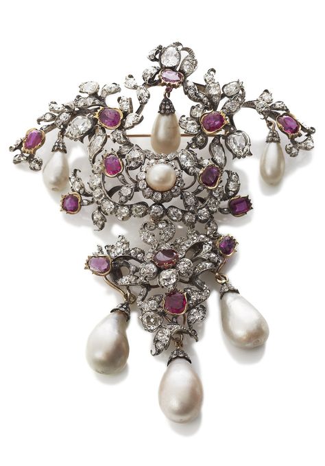 An antique pearl, ruby and diamond brooch, C.M. Weisshaupt, Danish, circa 1840. From the parure which belonged to Christian V’s consort, Charlotte Amalie. #Danish #antique Charlotte Amalie, Tiaras Jewellery, Pearl Jewels, Easy Jewelry, Historical Jewellery, Neck Jewellery, Diamond Brooch, Royal Jewels, Popular Jewelry