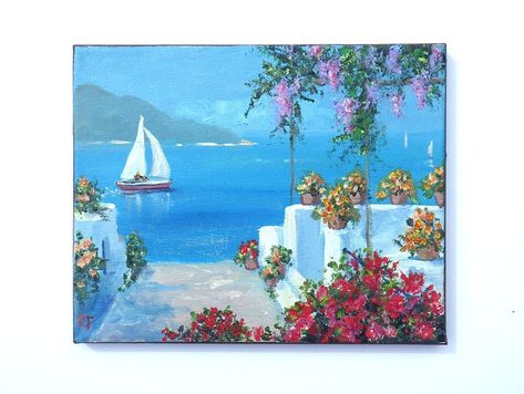 Horizontal Painting Ideas Easy, Mediterranean Paintings, Peaceful Blue, Mediterranean Beach, Greece Painting, Horizontal Painting, Beach Paintings, Pond Painting, Siding Paint