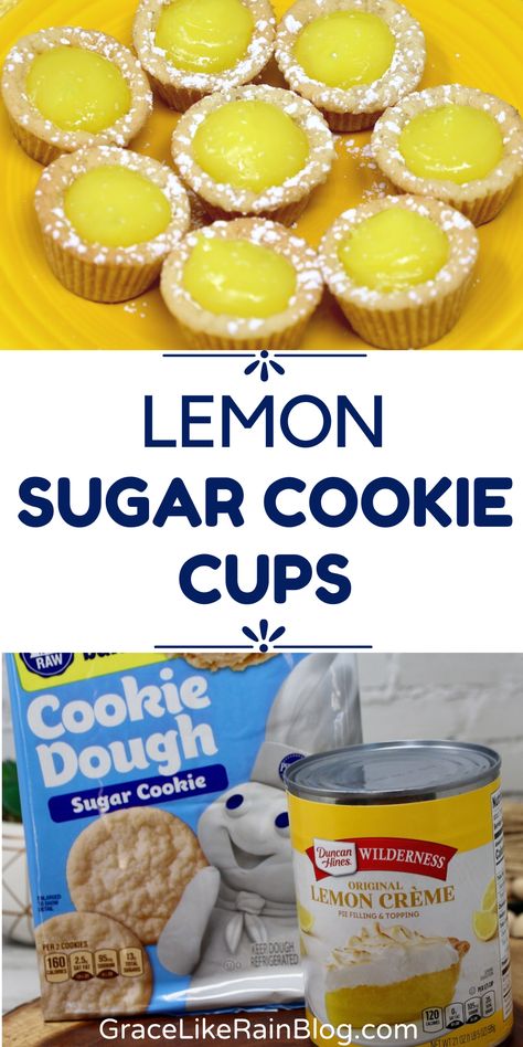 Lemon Sugar Cookie Cups are tasty little bites of sugar cookies that are filled with luscious lemon pie filling. Nobody will know that this easy recipe uses refrigerated sugar cookie dough and lemon pie filling. Your lemon-loving guests will approve of this semi-homemade lemon cookie recipe. Dessert Using Lemon Pie Filling, Lemon Desserts Cookies, Mini Lemon Bar Bites, Sugar Cookie Easter Ideas, Lemon Filled Desserts, Uses For Pie Filling, Sugar Cookie Lemon Tarts, What Can I Make With Lemon Pie Filling, Cookie Cup Filling Ideas