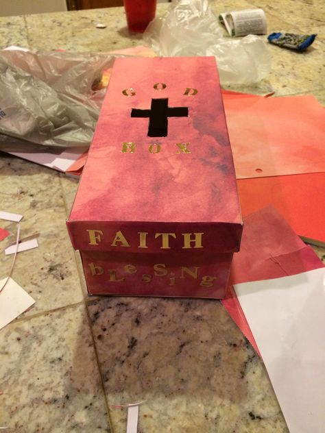 My first god box is done! Let the prayers begin. God Box Ideas Diy, Prayer Box Ideas Diy, Faith Nursery, Prayer Box Ideas, Prayer Box Diy, Tithing Lesson, Prayer Box Craft, Camping Vbs, Healing Notes