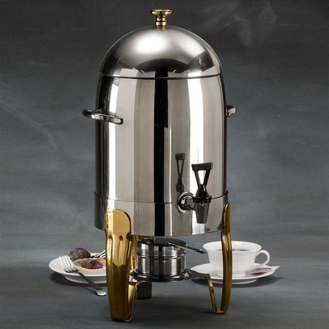 The American Metalcraft Allegro ALLEGCU1 coffee urn offers a stylish and sophisticated way to serve piping hot beverages. This 3 gallon urn features a quality faucet, fuel holder and sturdy, titanium plated legs. Its sleek shape, stainless steel design and shiny finish will complement any decor.     Overall Dimensions:    Length: 13 1/4"  Width: 12"  Height: 21 1/2" ALLEGCU1 From American Metalcraft Coffee Urn, Mug Of Coffee, Coffee Grinds, Coffee Press, Pots And Pans Sets, Cappuccino Cups, Glass Coffee Mugs, Cup Of Joe, Steel Design