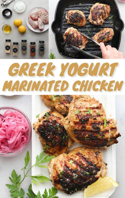 Make this Mediterranean-inspired Greek Yogurt Marinated Chicken recipe for dinner, featuring the tangy, bright flavors of yogurt, lemon, and herbs! Octavia Meals, Yogurt Chicken Marinade, Greek Yogurt Chicken Marinade, Greek Yogurt Chicken Recipes, Greek Yogurt Marinade, Greek Yogurt Marinated Chicken, 2b Recipes, Greek Marinade, Steak Marinades