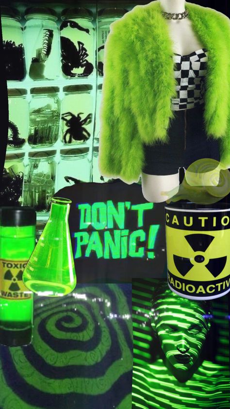 #radioactive #scifi #scifiaesthetic #limegreen Radioactive Costume, Cute Zombie Aesthetic, Toxic Waste Aesthetic, Radioactive Party, Green Themed Outfits, Radioactive Halloween, Radioactive Aesthetic, Dystopia Fashion, Toxic Outfits