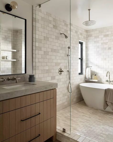 19 Ideas for Putting a Tub in the Shower—Even in a Tiny Bathroom Wet Room With Alcove Tub, Built In Tub Next To Shower Ideas, Bathtub Bump Out, Steam Shower Bathtub Combo, Tub In The Shower Combo, Free Standing Tub And Shower Combo, Toilet In Shower Area, Bathtub In Shower Walk In Master Bath, Shower Behind Tub Layout