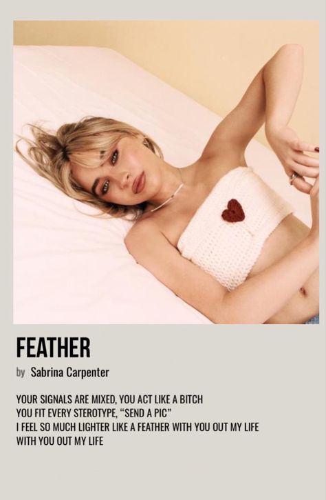 minimal polaroid song poster for feather by sabrina carpenter Tornado Warnings Sabrina Carpenter, Coquette Wallpapers, Sabrina Carpenter Songs, Sabrina Carpenter Album, Aesthetic Polaroid, Tornado Warning, Music Poster Ideas, Taylor Swift Posters, Music Album Covers