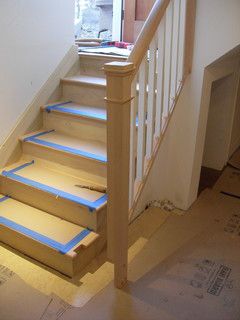 Positioning of removable handrail before installation.Portland Stair Company Basement Handrail, Redo Stairs, Handrail Design, Stairs Design Interior, Flooring For Stairs, Entryway Inspiration, Basement Family Room, Basement Stairs, Stair Handrail