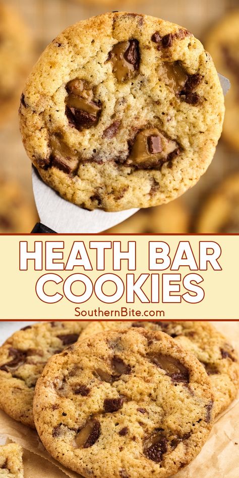 This Heath Bar Cookies recipe combines crunchy, buttery toffee with a classic cookie base, offering the perfect balance of sweet and salty. Simple to make, impossible to resist! Brown Butter Heath Cookies, Recipes With Heath Bits, Chocolate Heath Cookies, Heath Bars Recipes, Brown Butter Heath Bar Cookies, Heath Pieces Recipes, Heath Bar Cookies Recipe, Salty Sweet Cookies, Heath Cookies Recipes Toffee Bits