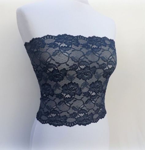 Navy blue see through elastic lace tube top strapless by MissLaceAccessories on Etsy Black Bandeau Top, Lace Bandeau Top, Blue Tube Top, Lace Tube Top, Black Lace Lingerie, Top Strapless, Low Cut Dresses, Bandeau Tops, Floral Lace Tops