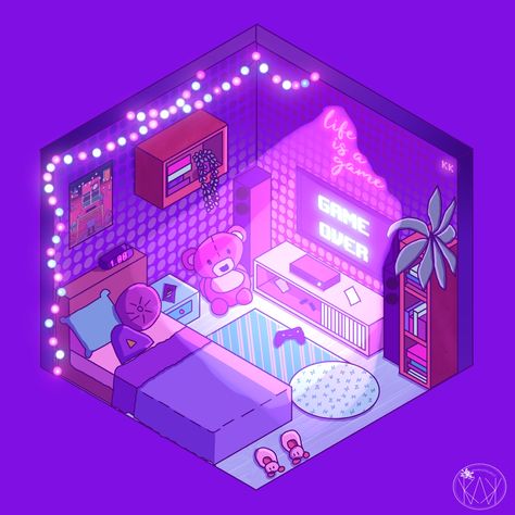 Easy Digital Art, Isometric Room, Windows To The Soul, Fantasy Bedroom, Bedroom Drawing, Isometric Drawing, Neon Room, Lashes Mascara, Procreate Tutorial