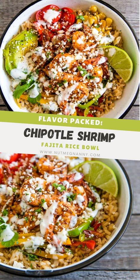 These chipotle shrimp fajita bowls are a quick weeknight dinner option that will make the whole family happy. It's full of flavorful chipotle lime shrimp that are served over rice with sautéed vegetables and drizzled with a cilantro lime Greek yogurt sauce. Chipotle Lime Shrimp, Fajita Bowl Recipe, Rice Bowls Healthy, Honey Lime Shrimp, Chipotle Shrimp, Greek Yogurt Sauce, Shrimp Rice, Seafood Dish Recipes, Healthy Bowls Recipes