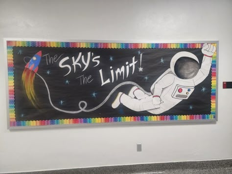 Welcome Back To School Space Theme, Bulletin Board Space Theme, Back To School Space Theme, Outer Space Graduation Theme, Out Of This World Classroom Theme, Outer Space Bulletin Boards, Space Theme Bulletin Boards, Space Theme School, Space Themed Classroom Ideas