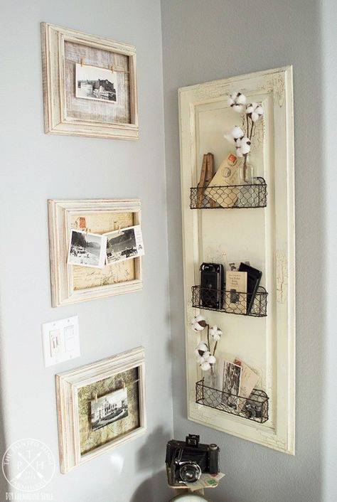 Baskets On Wall Decor Farmhouse Style, Basket On Wall Decor, Cabinet Doors Repurposed Diy, Farmhouse Shelves Diy, Wire Basket Shelves, Diy Farmhouse Style, Door Crafts, Display Frames, Farmhouse Shelves