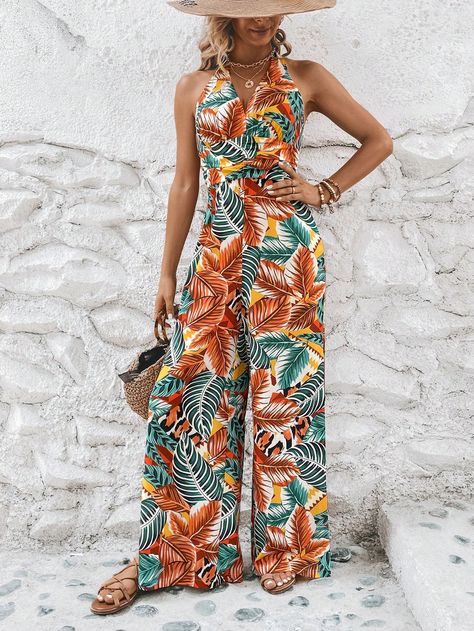 Multicolor Boho Collar Sleeveless Woven Fabric Tropical Other Embellished Non-Stretch  Women Clothing Halter Jumpsuit, Beach Swimwear, Printed Ties, Tropical Print, Jumpsuits For Women, Women Clothing, Woven Fabric, Jumpsuit, Pasta