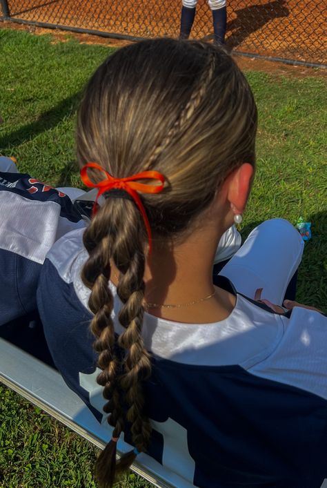 Low Ponytail With Bubble Braids, How To Do Braid Ponytail, Cute Hair For Baseball Game, Hair Ideas For Gymnastics, Cute Race Day Hair, Hair Styles For Cheerleaders, Hairstyles For A Pool Party, Cheerleader Hairstyles With Bows, Cheer Practice Hairstyles