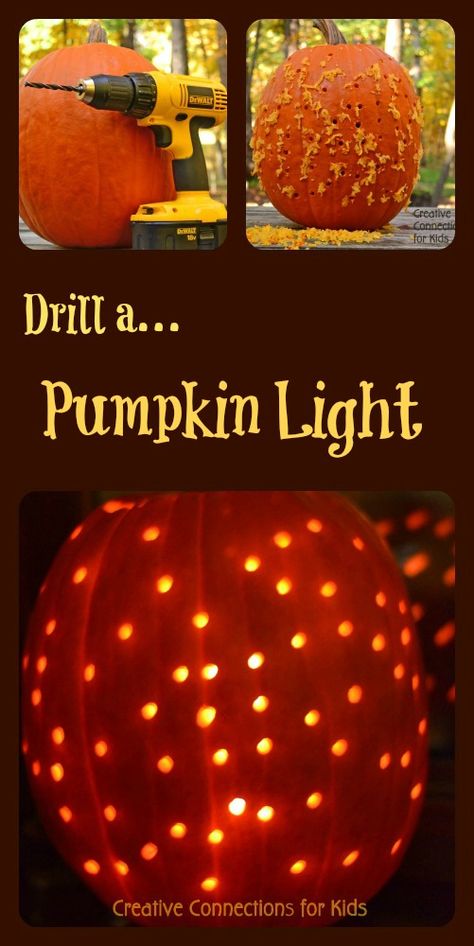 Drill a pumpkin light ~ Creative Connections for Kids Deco Halloween, Creative Pumpkin Carving, Pumpkin Designs, Bookshelf Organization, Diy Halloween Decor, Fall Craft, Pumpkin Lights, Holiday Craft, Carving Ideas