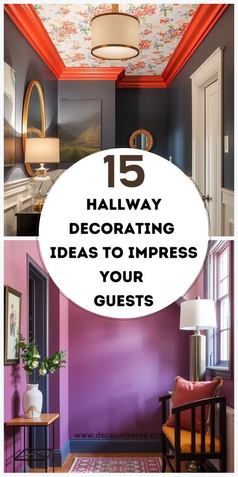 Transform your entryway with these 15 hallway decorating ideas that combine style and function to make every inch count. Colorful Hallway Ideas, Ideas For Hallway Walls, How To Decorate Hallway Walls, Colorful Entryway Ideas, End Of Hallway Decor Ideas, Hallways Decor, Decorating Long Hallway, Long Narrow Hallway Ideas, Hallway Painting