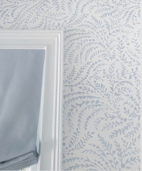 Blue Wainscoting With Wallpaper, Light Bathroom Wallpaper, Girls Room Wallpaper Blue, Blue Grandmillenial Wallpaper, Pale Blue Bedroom Wallpaper, Birch Lane Wallpaper, Palmetto Wallpaper Serena And Lily, Coastal Floral Wallpaper, White And Blue Wallpaper Bedroom