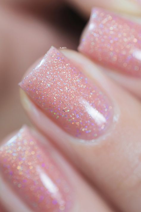 Sweet Pea - Seashell Pink Holographic Sheer Jelly Nail Polish by ILNP Pink Sparkle Manicure, Neutral Gel Nails With Glitter, Micro Glitter Nails, Square Acrylic Nails Pink Glitter, Sheer Pink Glitter Nails, Pink Sparkle Dip Nails, Jelly Dip Powder Nails, Light Pink Glitter French Tip Nails, Sheer Sparkle Nails