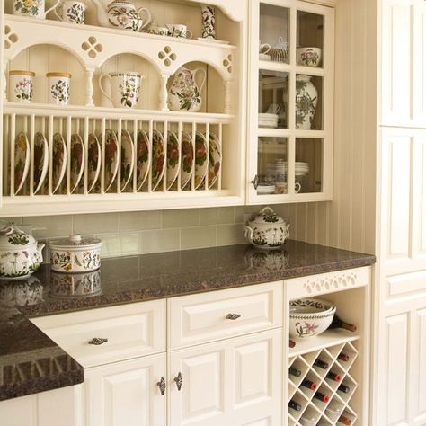 Cottage kitchen ideas Plate Kitchen Cabinet, Plate Slots In Cabinets, Plate Holder Cabinet, Plates Rack, Cabinet Plate Rack, Cupboards Ideas, Plate Racks In Kitchen, Cottage Storage, Bright Kitchen Decor