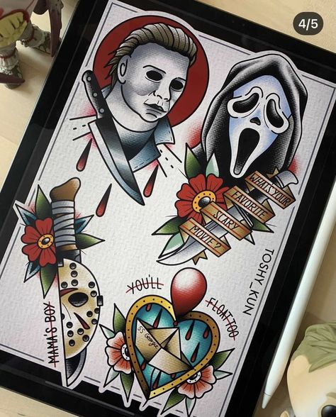 Traditional Horror Tattoo Sleeve, Michael Myers Traditional Tattoo, Scream Traditional Tattoo, Horror Traditional Tattoo Flash, Neotraditional Horror Tattoo, American Traditional Tattoos Horror, Traditional Style Horror Tattoo, Ghostface Traditional Tattoo, Horror Themed Tattoos Sleeve