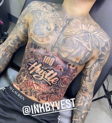 Chest And Sleeve Tattoo Men, Back Tattoos Men's Full, Chest Pieces Mens Tattoos, Hood Stomach Tattoos For Men, Dope Chest Tattoos For Men, Hood Chest Tattoo Men Ideas, Chest And Stomach Tattoos Men, Mens Belly Tattoo, Tattoo Ideas For Men Stomach