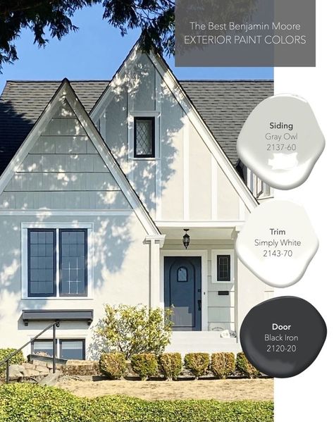 Exterior paint colors, color schemes, black front door, two tone, Benjamin Moore, Gray Owl 2137-60, Simply White 2143-70, Black Iron 2120-20 Gray Owl Exterior, Exterior Painted Brick House, Benjamin Moore Exterior Paint Colors, Best Exterior Paint Colors, Benjamin Moore Exterior Paint, Benjamin Moore Grey Owl, Benjamin Moore Exterior, Tudor Home, Benjamin Moore Gray