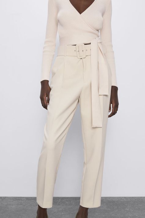 Beige Trouser, Zara 2020, Non Binary Fashion, Types Of Trousers, Zara Trousers, Zara Outfit, Belted Pants, Cute Summer Outfits, High Waisted Trousers