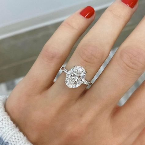 Oval and Taper Baguette Diamond Ring / Engagement Ring / Three | Etsy Oval Diamond Solitaire, Gold Anniversary Rings, Three Stone Diamond Ring, Moissanite Engagement Ring Oval, Baguette Diamond Rings, Promise Ring Gift, Three Stone Diamond, Promise Rings For Her, Engagement Rings Oval