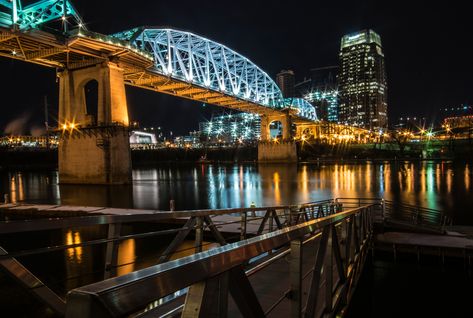 Pedestrian Bridge Nashville, Beautiful Bridges, Visit Nashville, Pedestrian Bridge, World Cities, Sydney Harbour Bridge, Nashville Tennessee, Dahlia, At Night