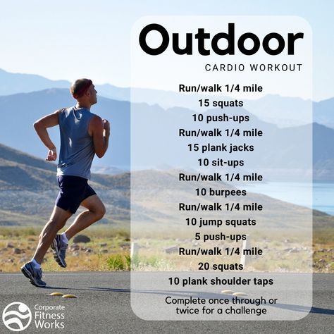 Get some fresh air and try this outdoor cardio workout! Complete it once through or twice for a challenge!  #teamcfw #cfw #corporatefitnessworks #fitness #outdoor #challenge #cardio #exercise #workout 45 Minute Outdoor Workout, Cardio Outdoor Workout, Outdoor Workout Routine, Outdoor Challenge, Core Routine, Workouts Outside, Women Workouts, Cardio Circuit, 75 Hard