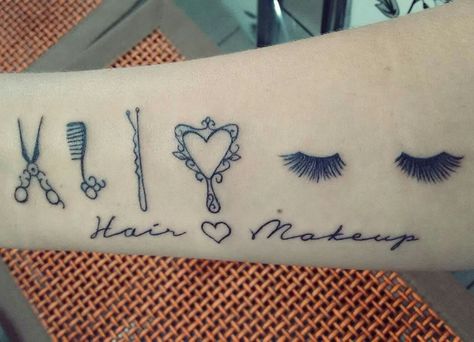 Makeup Tattoo Ideas, Bobby Pin Tattoo, Eyelashes Tattoo, Cosmetology Tattoos, Eyelash Tattoo, Makeup Artist Tattoo, Hairdresser Tattoos, Eye Lash Tattoo, Hairstylist Tattoos