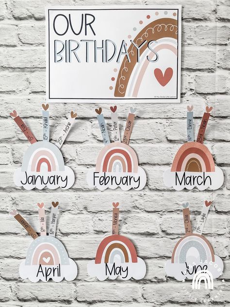 This Editable Neutral Boho Rainbow Birthday Display has been created using a stylish earthy neutral color palette to match my Earthy Rainbow classroom decor theme. There are 2 dreamy classroom birthday displays included in this pack and both are editable! You have the option of either typing in your students names and birth dates OR you can hand write them using a black marker. What’s included: 'Our Birthdays' Heading Poster - PDF and Blank Editable PowerPoint version Months of The Year Birthday Rainbow Theme Classroom, Birthday Display In Classroom, Boho Rainbow Birthday, Neutral Classroom, Teaching Classroom Decor, Birthday Board Classroom, Neutral Classroom Decor, Boho Rainbow Classroom, Teachers Room