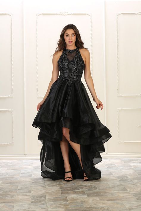 High Low Prom Dresses Black, High And Low Dress Gowns, High Low Black Dress, Black High Low Dress Formal, Hi Low Dress Formal, Black Mesh Prom Dress, High Low Ball Gown, High Low Dresses, Stylish Black Dress