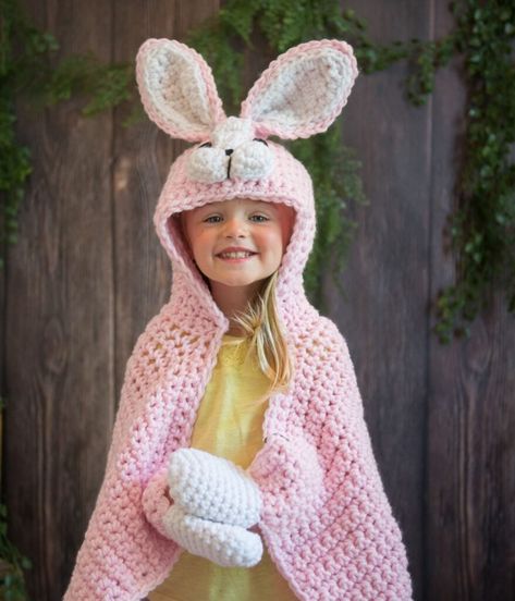 Free Crochet Bunny Blanket Pattern: Hooded Blanket Bunny Blanket Crochet, Crochet Bunny Blanket, Crochet Blanket Animals, Pink Bunny Costume, Rabbit Knitting Pattern, Woodland Rabbit, Loom Knitting Stitches, Woodland Bunny, Bunny Blanket