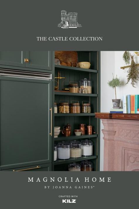 This timeless pantry features two new paint colors from Magnolia Home by Joanna Gaines® Paint. Explore the full room on our blog. Magnolia Luxe Paint Color, Magnolia Home Luxe Paint, Magnolia Luxe Paint, Luxe Paint Color Joanna Gaines, Joanna Gaines Green Paint, Joanna Gaines Favorite Paint Colors, Magnolia Home Paint Colors, Pantry Features, Magnolia Paint Colors