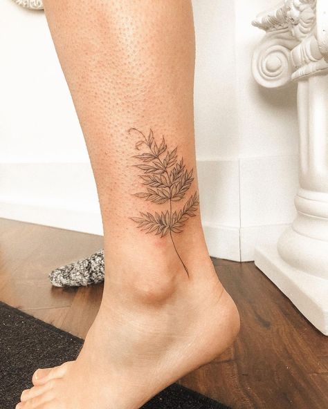 Fern Tattoo On Side, Mini Fern Tattoo, Love Fern Tattoo, Outer Ankle Tattoo, Fern Ankle Tattoo, Minimal Fern Tattoo, Michigan Tattoos, Fern Tattoo, Dainty Tattoos