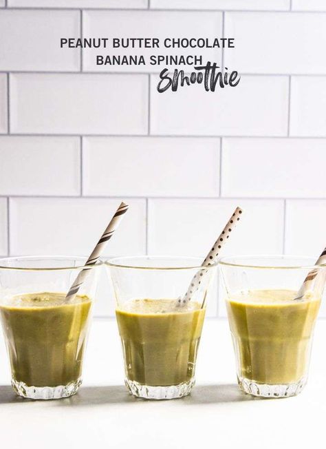 Healthy Peanut Butter Chocolate Banana Spinach Smoothie - Sweetphi Peanut Butter Chocolate Banana, Banana Spinach Smoothie, Spinach Smoothie, Healthy Peanut Butter, Frozen Spinach, Peanut Butter Chocolate, Chocolate Banana, Frozen Banana, Unsweetened Cocoa