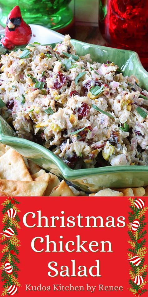 You may think that with a name like Christmas Chicken Salad, you can only make and serve this delicious chicken salad for the holidays. Not so. You'll want to serve it any time of the year. It's THAT good!! #chickensalad #christmaschickensalad #christmasappetizers #christmasrecipes #cranberryorangechickensalad #cranberrypistachiochickensalad #nocookchickensalad #rotisseriechickensalad Christmas Party Salad Ideas, Christmas Chicken Salad, Chicken Salad With Cranberries, Chicken Salad Appetizer, Tzatziki Chicken, Christmas Salad Recipes, Cranberry Chicken Salad, Christmas Salad, Rotisserie Chicken Salad