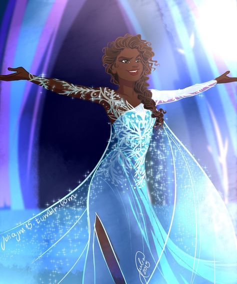 Inspiring Illustrations Show Disney Princesses Reimagined As Black And Hispanic Women Black Elsa, Black Disney Princess, Art Black Love, Frozen Characters, Black Princess, Frozen Elsa And Anna, Disney Elsa, Art Disney, Black Cartoon